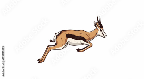 A stylized, cartoonish gazelle leaps gracefully across a white background