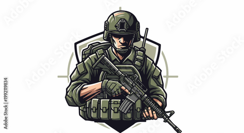 A pixelated soldier in tactical gear grips a rifle, set against a circular target emblem