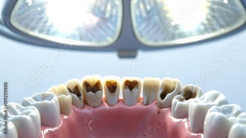 Unhygienic teeth with decay under dental examination light