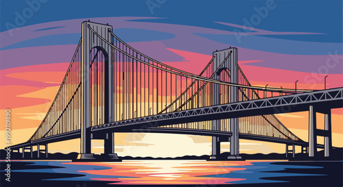 A pixelated suspension bridge spans a vibrant sunset over reflective water