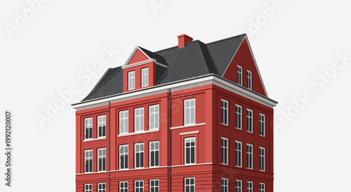 A pixelated, red brick building with a dark gray roof and multiple windows, set against a white background