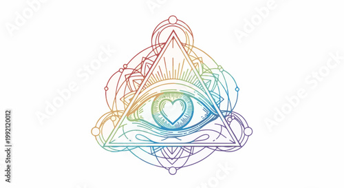 A rainbow-hued abstract eye within a triangle, symbolizing vision and love