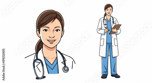 A smiling woman in a white doctor's coat and blue scrubs, holding a clipboard and pen