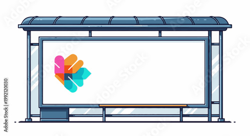 A pixel-art bus stop with a blank billboard and colorful abstract graphic