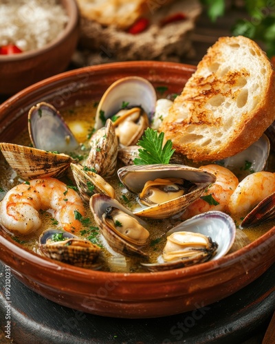 Steamed Clams and Mussels in a White Wine Broth with Bread