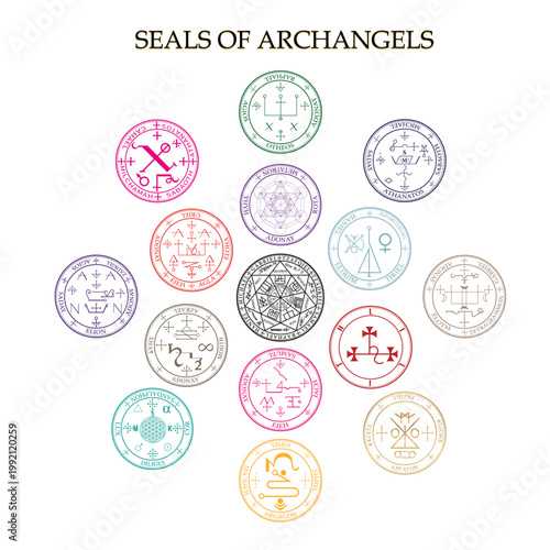 Seals of the Seven Archangels - Set of Magical Sigils and Sacred Geometry Symbols. Occult Talismans for Protection and Invocation featuring Michael, Gabriel, Raphael, and Uriel on White Background.