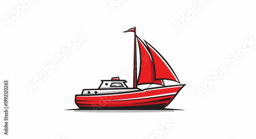 A red and white sailboat with a single red sail is depicted against a plain white background