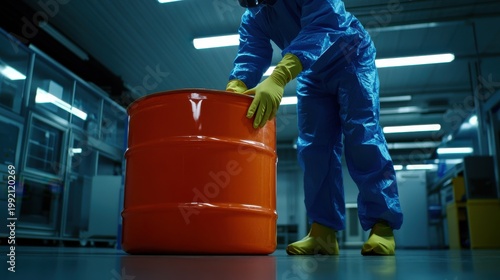 Technician in protective gear handling a red chemical barrel