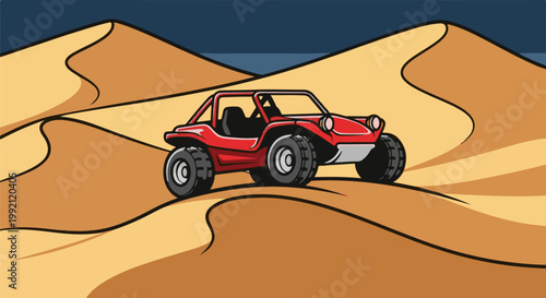 A red buggy drives through rolling sand dunes under a dark sky