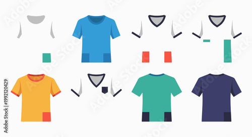 T-shirt Mockup Set Vector Illustration Featuring Various Necklines and Pocket Designs for Apparel Branding and Fashion Design Templates