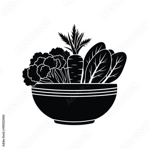 Minimalist black and white vector icon of a bowl filled with various fresh garden vegetables including leafy greens and a whole carrot for healthy food and nutrition concepts and design elements