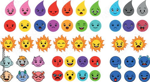 Set of emoji faces and sun characters vector illustrations colorful emotions expressions cartoon icons collection