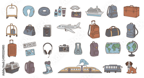 Travel Icons Set Vector Illustration Featuring Luggage Transportation Gear and Vacation Accessories for Tourism Design Projects in a Hand Drawn Style