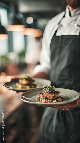 Chef presenting gourmet dishes in a modern restaurant kitchen