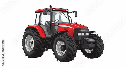 A red farm vehicle with large tires and a covered cab sits against a white background