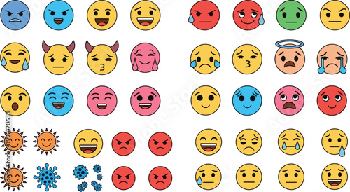 Collection of emoji faces vector illustrations with various emotions expressions including happy sad angry crying and cartoon icons set