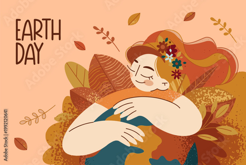 Earth day celebration with woman hugging planet earth surrounded by nature elements eco friendly environment conservation celebration illustration branches botanical seasonal sustainability
