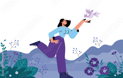 Woman releasing a dove into the air in a serene natural landscape with landscape mountains illustration serenity outdoors background carrying activity movement atmosphere uplifting positive