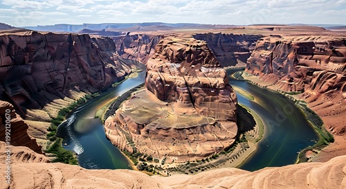 Aerial view of Horseshoe Bend in Arizona with Colorado River winding through red rock canyon at sunset