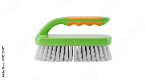Vector illustration of green scrub brush with orange handle on a transparent background