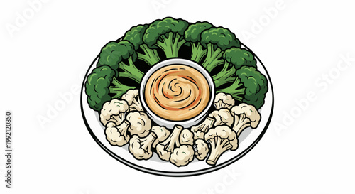 A plate of broccoli, cauliflower, and dip
