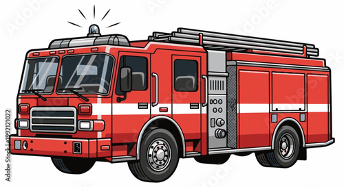 A red fire engine with white stripes and a flashing light on top, ready for action