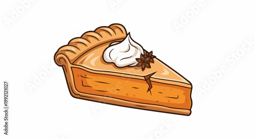A slice of pumpkin pie with whipped cream and star anise topping