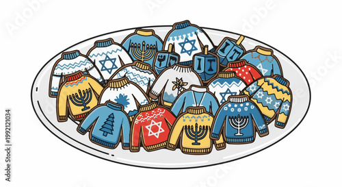 A platter of assorted festive holiday-themed sweater-shaped cookies featuring menorahs, Stars of David, dreidels, and snowflakes