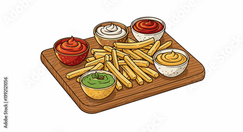 A platter of golden french fries with four dipping sauces