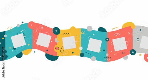 A playful, abstract banner with colorful wavy panels and square photo placeholders