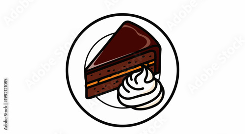 A slice of rich chocolate cake, layered with cream and topped with a dollop of whipped cream, served on a plate