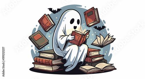 A playful ghost sits on stacks of books, reading with bats flying around