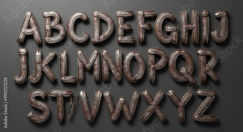 A set of rustic wooden alphabet letters on a dark gray background