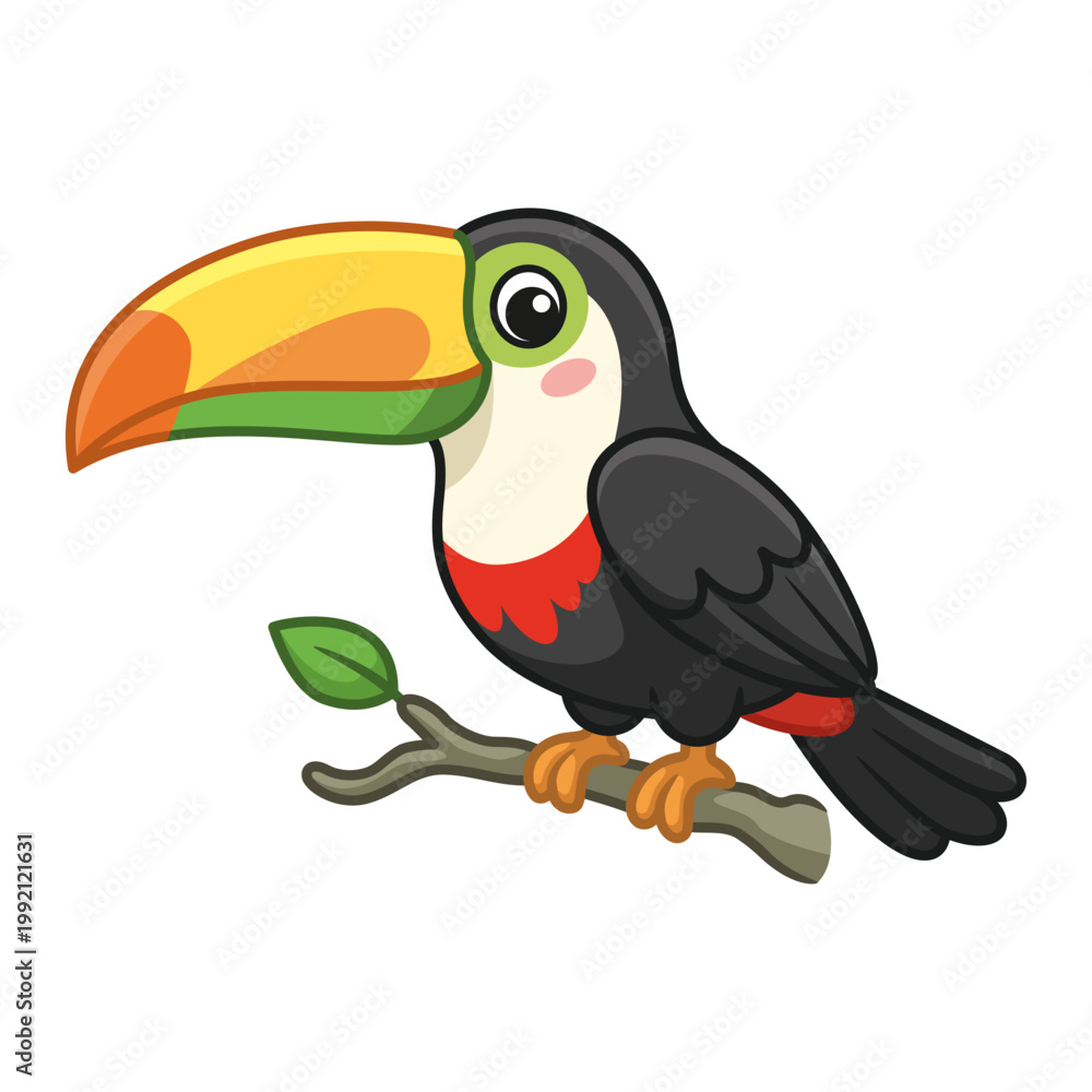 Fototapeta premium Cute Cartoon Toucan Bird Sitting on a Branch, Vector Illustration