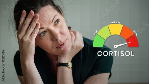 Foto Woman looking stressed with a cortisol level gauge showing high stress