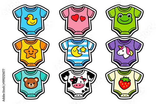 Colorful baby onesies with cute animal and pattern designs.