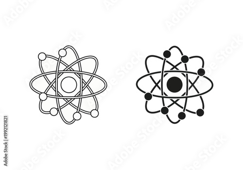 Vector illustrations of atomic structures in black and white
