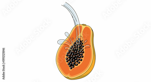 A sliced papaya with black seeds, a liquid pouring in, and water droplets splashing