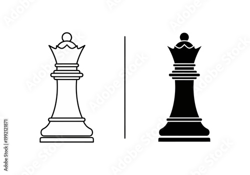 Black and white queen chess pieces on isolated for strategy games