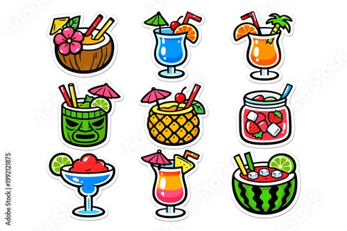 Colorful tropical cocktails collection with fruit garnishes and decorative elements.