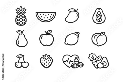 Fresh fruit line icons set featuring pineapple, watermelon, mango, papaya, pear, apple, lemon, peach, cherry, strawberry, and healthy lifestyle symbols for fitness, nutrition and organic food.