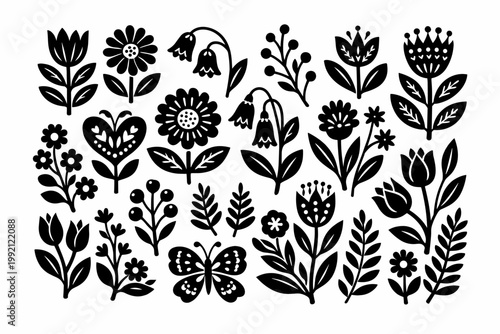 Scandinavian Folk Art Botanical Vector Illustration Set with Wildflowers, Tulips, Daisies, and Berries in Black and White Linocut Style. Nordic Floral Elements for Patterns and Minimalist Design.
