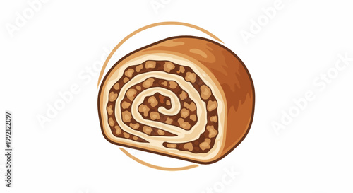 A sliced sweet pastry roll with nuts and frosting, encircled by a light brown line