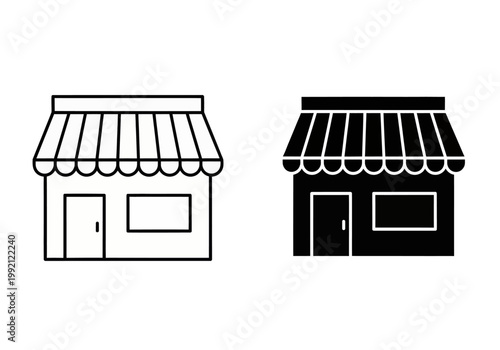 Vector illustration of two storefront icons with awnings in black and white