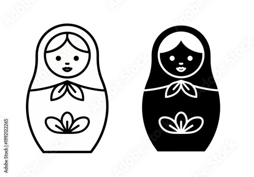 Vector illustration of two traditional russian matryoshka dolls in black and white