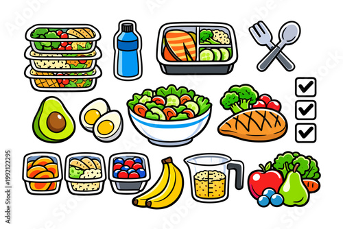 Healthy meal prep icons: salads, fruits, grains, and portions with utensils.