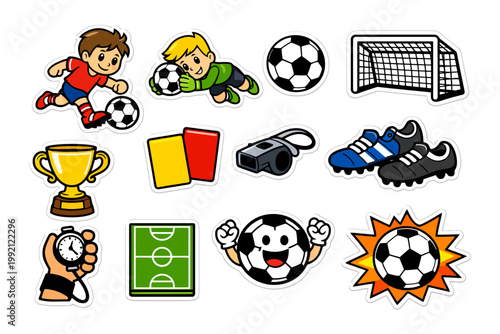 Cartoon soccer elements – boys playing soccer, equipment, and accessories.