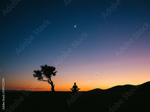 Serene Meditation Under the Twilight Sky: A lone figure finds peace in a moment of meditation, silhouetted against a breathtaking twilight sky.
