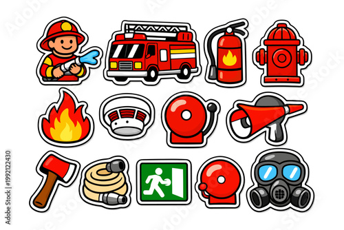 Firefighting equipment cartoon icons collection.
