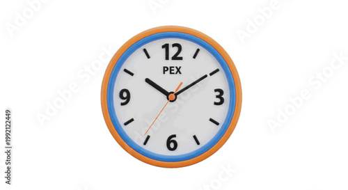 Vector illustration of 3d printed wall clock with orange frame and blue inner ring on a transparent background